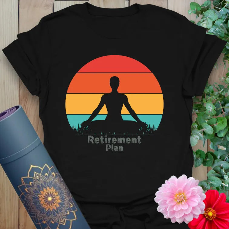 Classic black cotton yoga t-shirt showcasing colorful sunset and meditation silhouette for heart-centered, mindful future living.