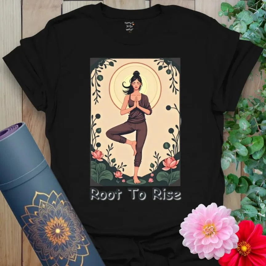 Classic black cotton tee with full-color yoga design and spiritual affirmation, ideal for soulful yoga streetwear.