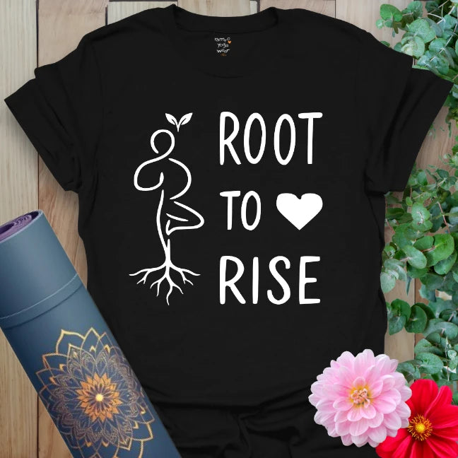 Classic black cotton yoga t-shirt showcasing "Root To Rise" inspirational artwork promoting strength, mindfulness, and soulful expansion.