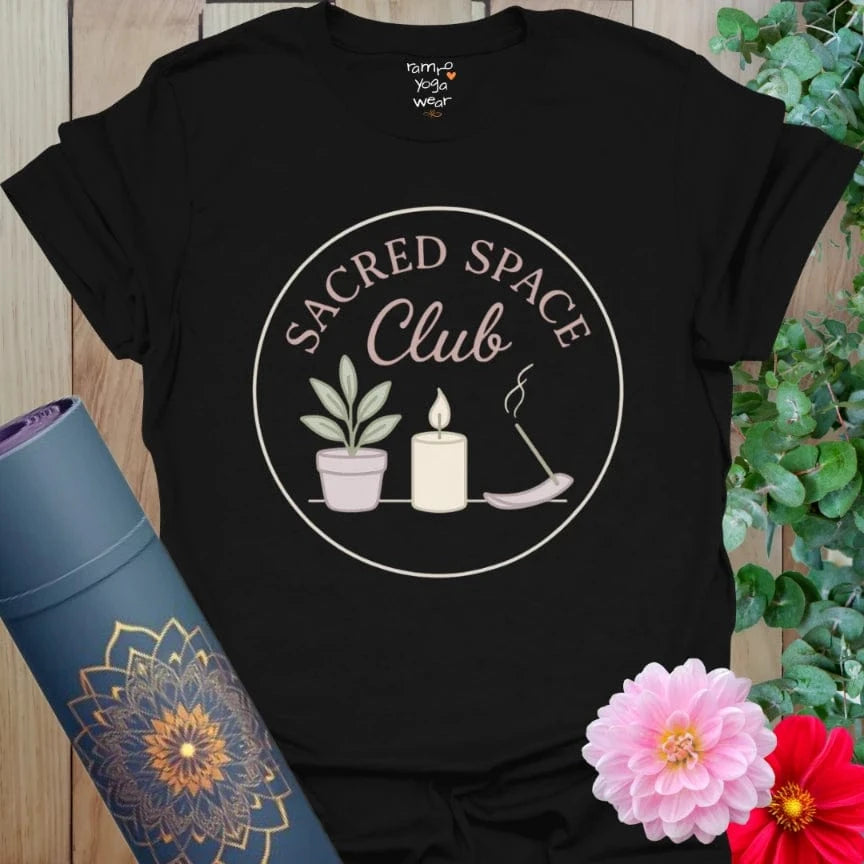 Black Sacred Space T-Shirt with contrast graphic of candle, plant, and incense. Moody and grounding for meditative moments.