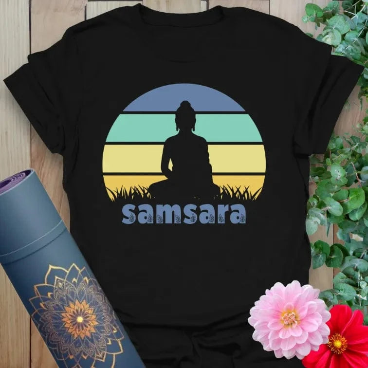 Classic black cotton yoga t-shirt showcasing retro sunset meditation artwork and samsara message for soulful, heart-centered living.