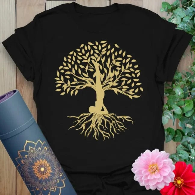 Classic black cotton yoga t-shirt showcasing elegant tree of life pose inspiring conscious grounding and soulful transformation.