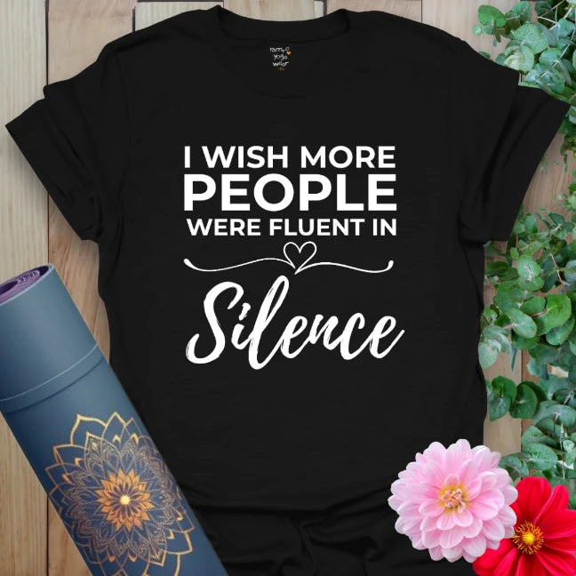 Classic black cotton yoga t-shirt showcasing soulful silence quote inspiring mindful living, introspection, and peaceful communication.