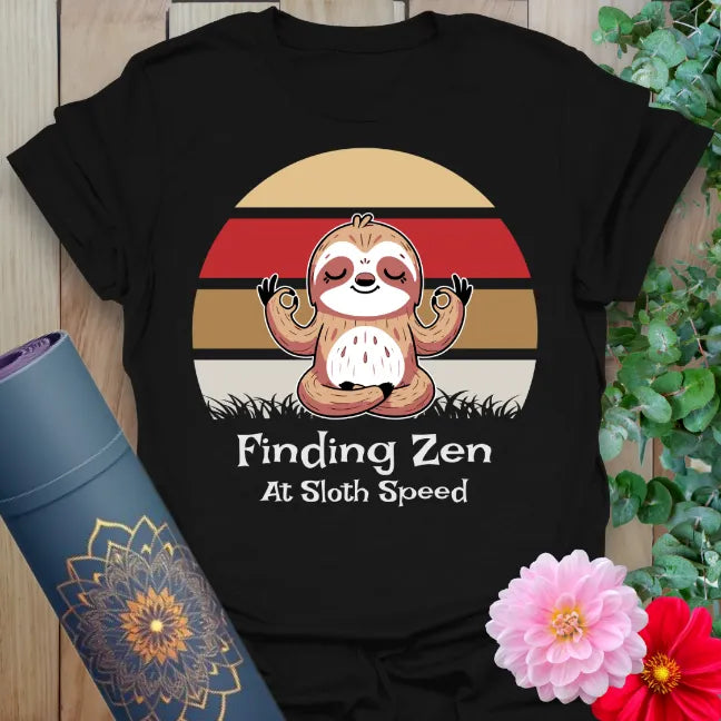 Classic black cotton yoga t-shirt showcasing funny meditating sloth and peaceful living quote for soulful, conscious chill.