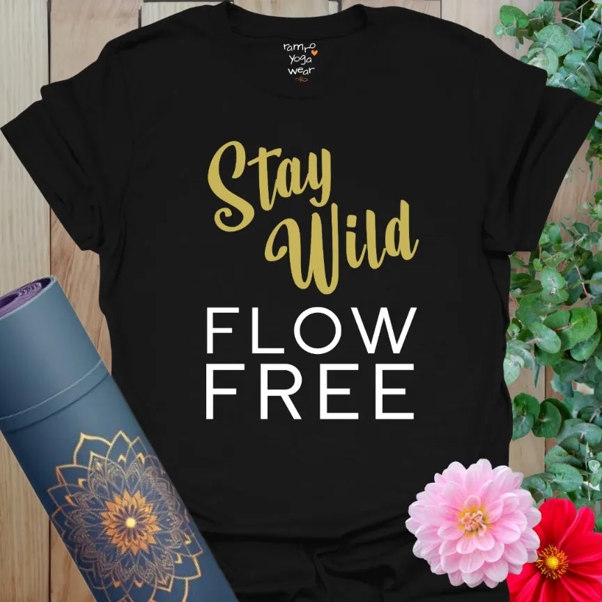 bold brush script free spirit tee, vintage yoga vibe on black cotton shirt.