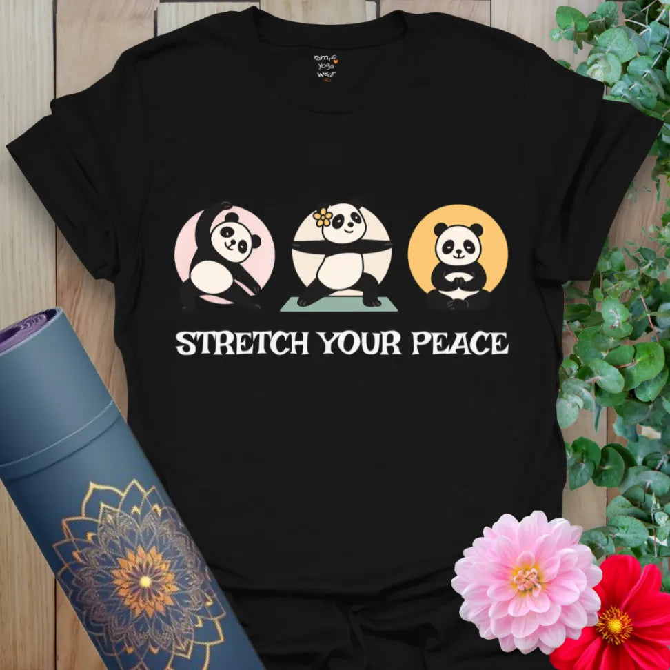 Classic black cotton tee featuring yoga pandas and calming message for yoga lovers and playful streetwear style.