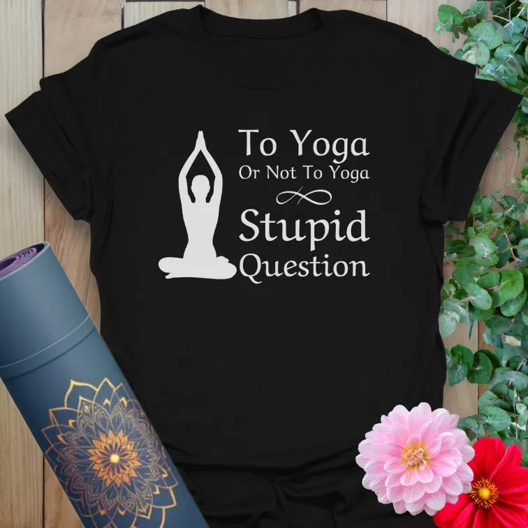 Classic black cotton t-shirt with white yoga humor quote and meditative silhouette for relaxed, comedic consciousness.