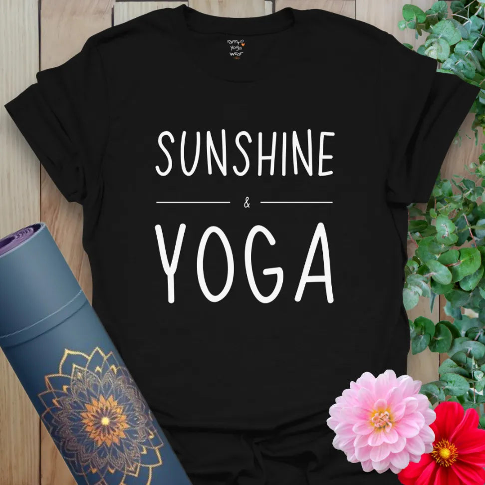 Classic black cotton t-shirt with “Sunshine & Yoga” mantra for radiant streetwear and peaceful energy on the move.