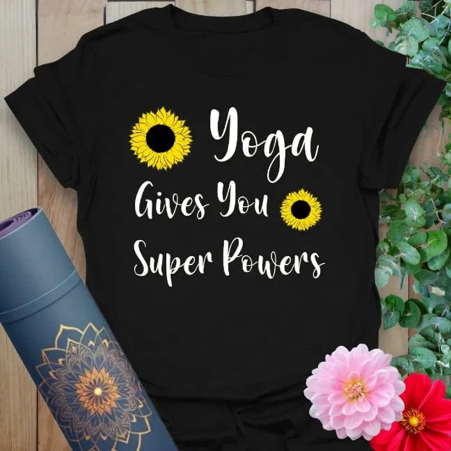Classic black cotton t-shirt with white script and bright sunflowers, radiating strength and style for yoga and beyond.