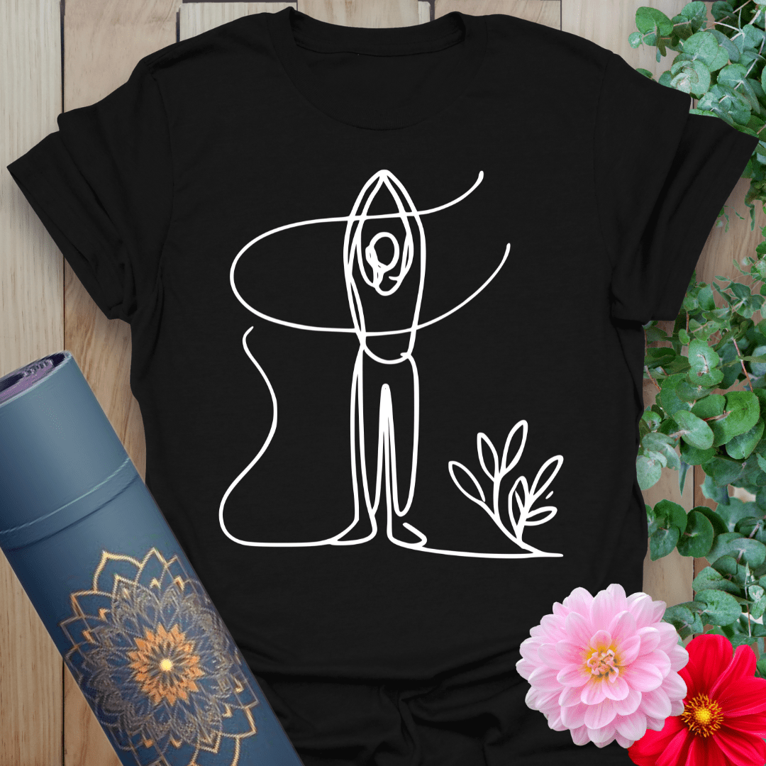 Classic black cotton t-shirt featuring white line-art yoga figure in Mountain Pose for powerful stillness and spiritual style.