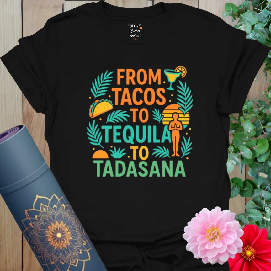 Black Tequila T-Shirt with bold tropical text graphic. Perfect for yoga lovers with a cheeky twist.