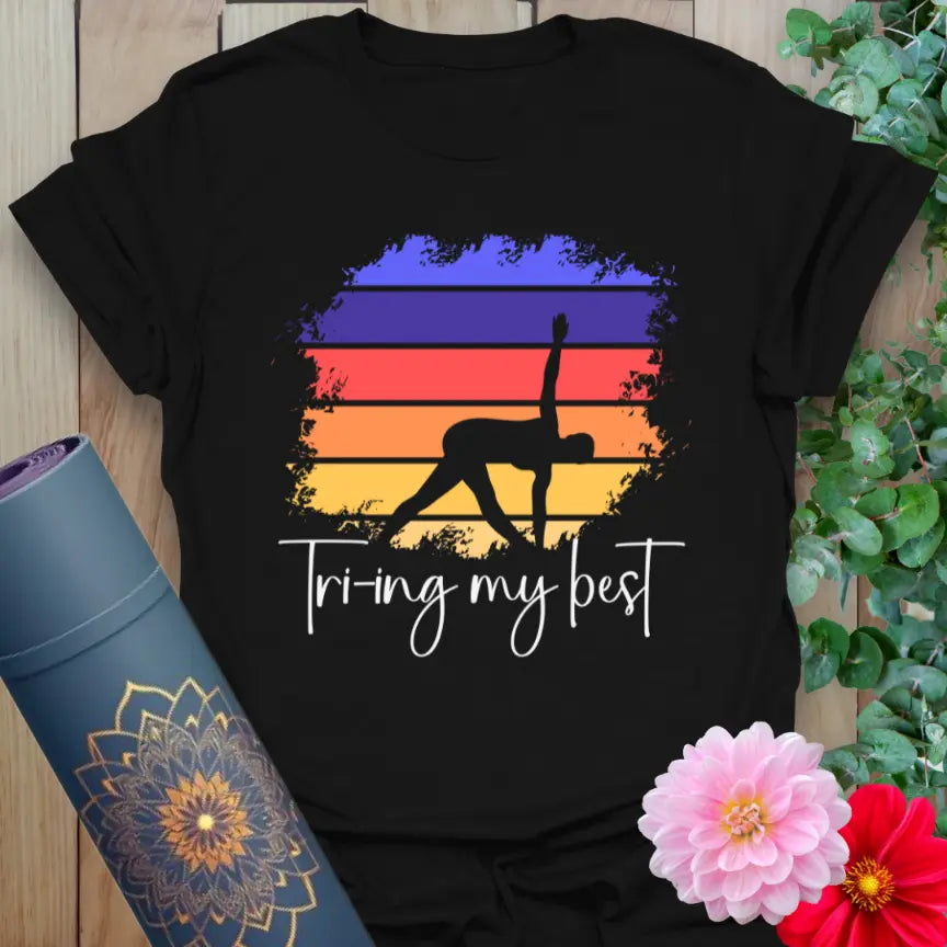Classic black cotton t-shirt with sunset stripe graphic and humorous yoga affirmation for bold, grounded living.