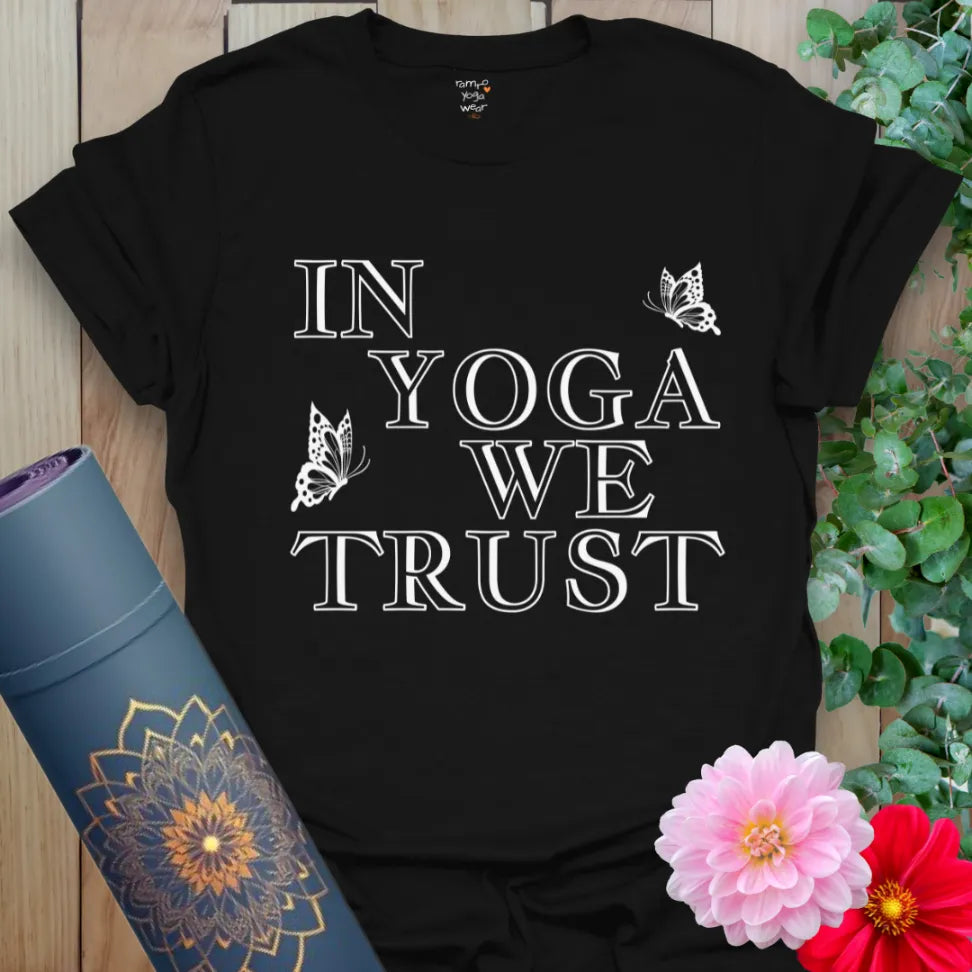 Classic black cotton tee with white typography and butterflies for yogis who lead with trust and truth.