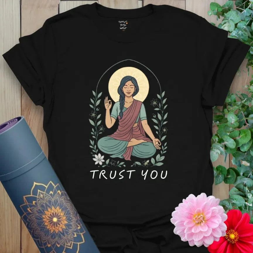 Classic black cotton t-shirt with goddess art and gentle “Trust You” mantra, ideal for soulful seekers and inner work.