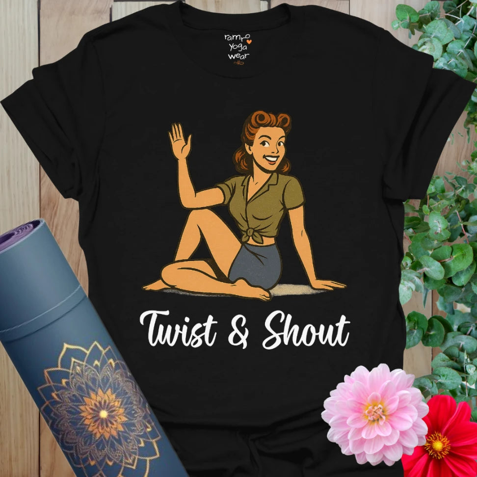 Classic black unisex cotton t-shirt with retro-style yogi in twist pose and playful yoga slogan.