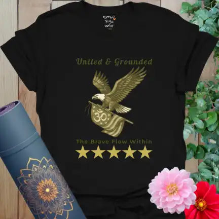 Black unisex tee featuring vintage camo eagle graphic — yoga freedom and courage theme.