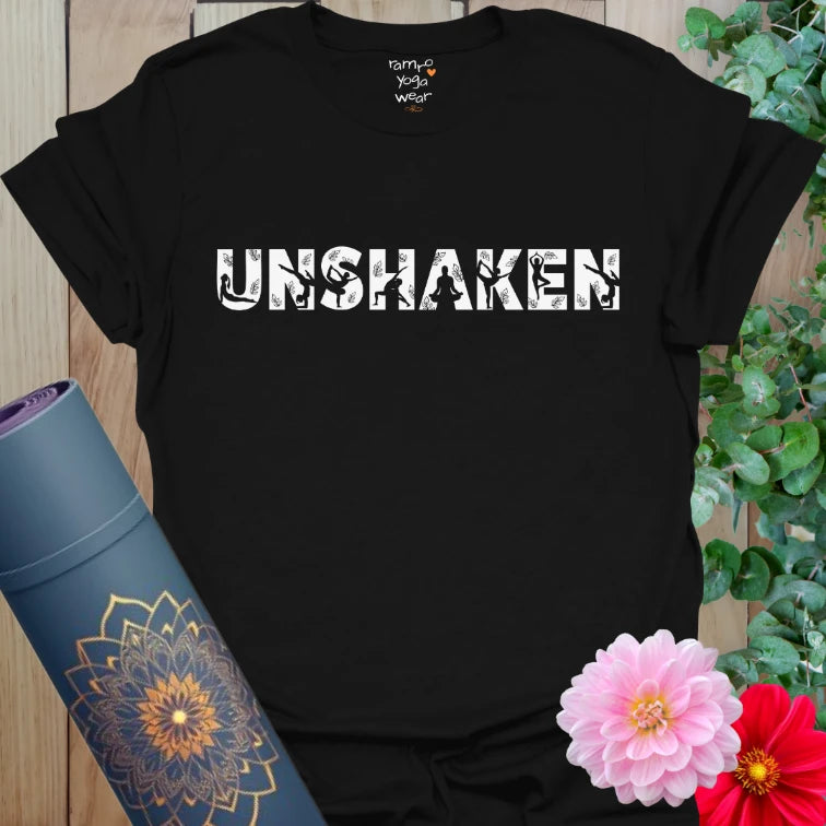 vintage distressed wordmark, mindful grounded statement tee in bold white ink on black cotton shirt.
