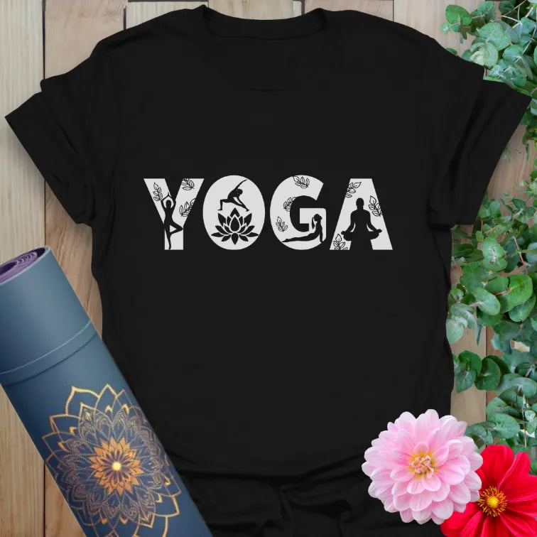 Classic black cotton tee featuring bold white yoga block letters filled with spiritual and active illustrations.