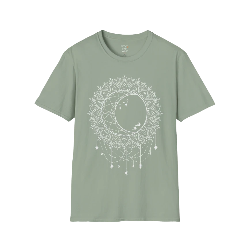Boho sun and moon mandala design with crescent moon detail — The Vault collection by Ramro Yoga Wear — Sage
