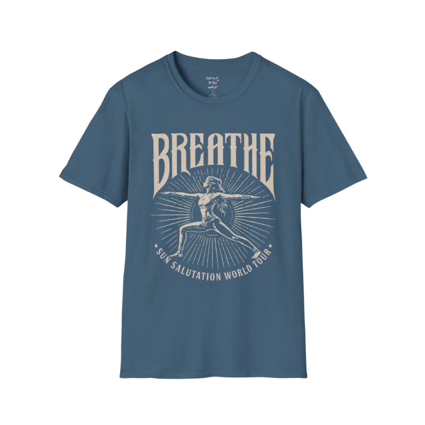 Indigo blue Breathe T-Shirt featuring relaxed coastal-inspired yoga artwork with vintage spiritual vibes.