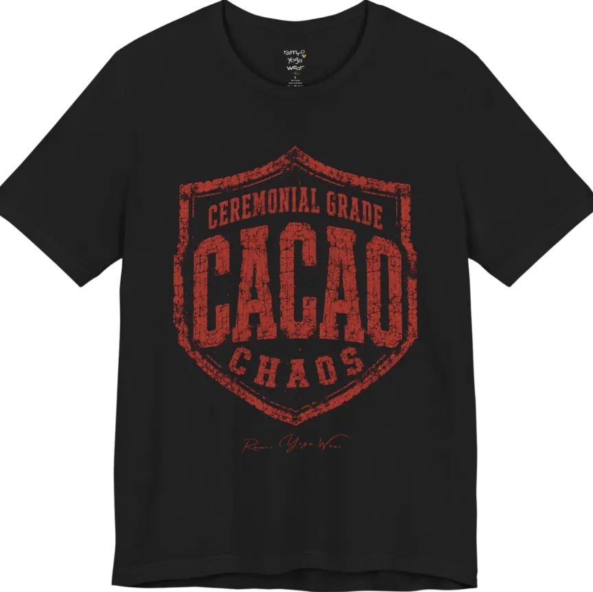 Bold shield badge reading "Ceremonial Grade Cacao Chaos" — Funny Yoga Shirts collection by Ramro Yoga Wear in Black