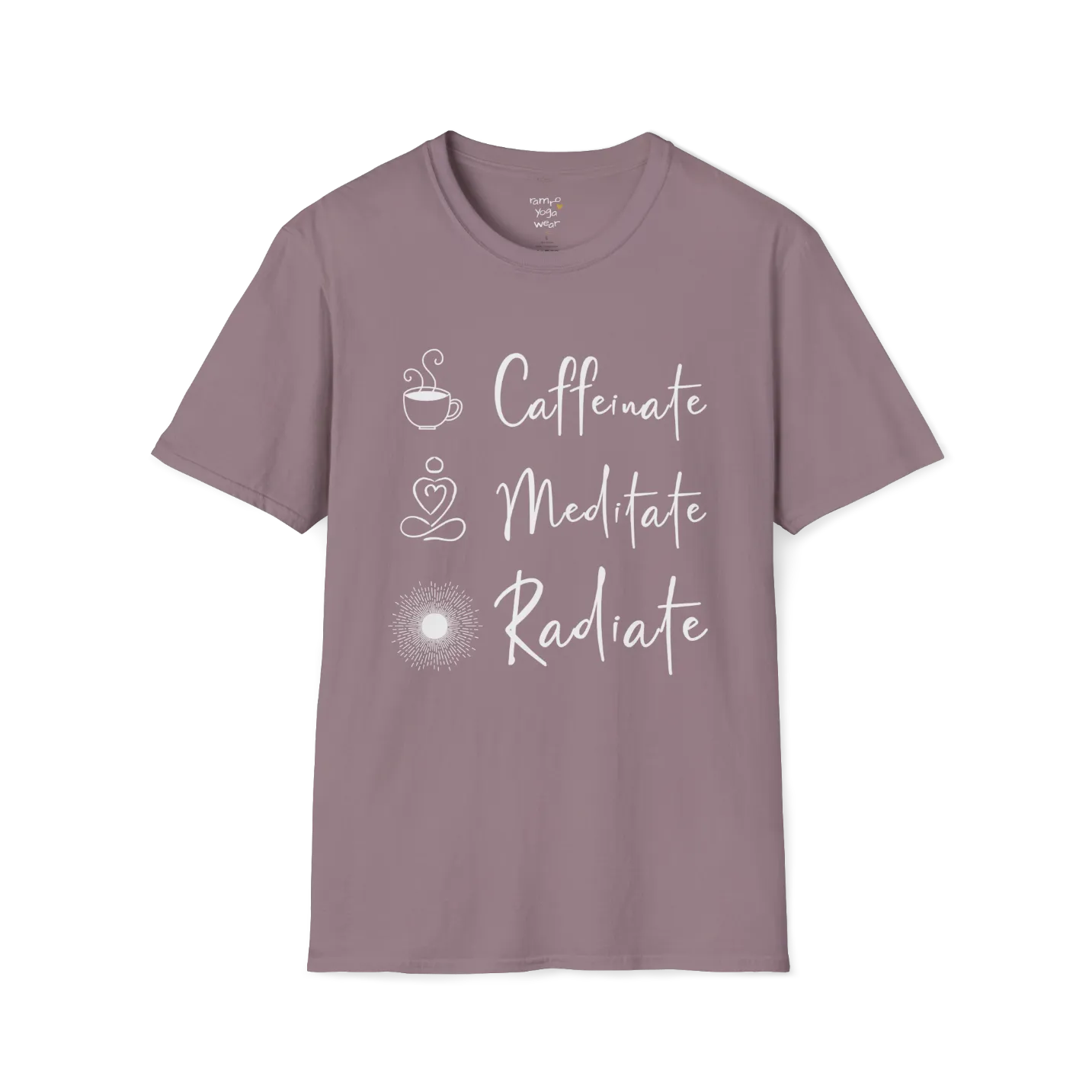 "Caffeinate. Meditate. Radiate." vertical text design with coffee, meditation, and sun icons — The Vault collection by Ramro Yoga Wear — Paragon