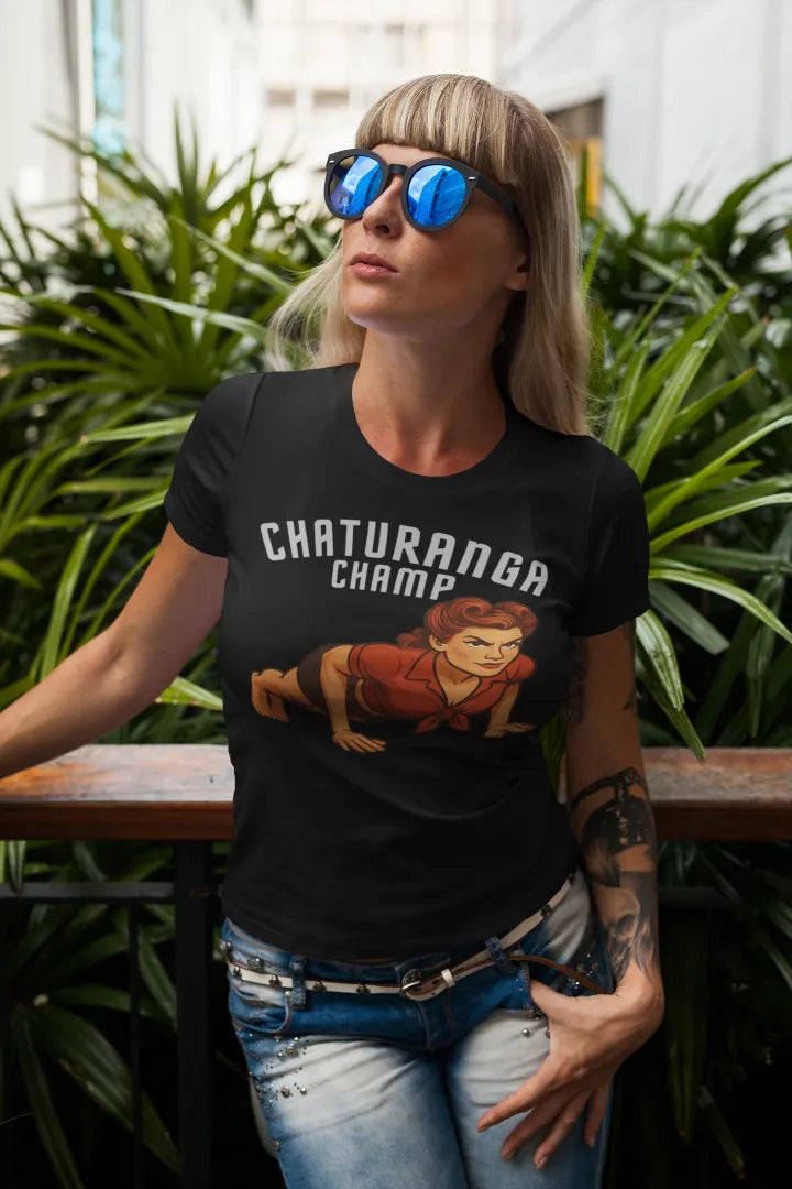 Black Chaturanga Champ T-Shirt featuring retro pin-up doing a push-up. Fun yoga graphic tee.