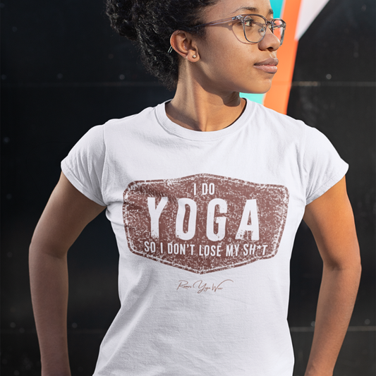 Woman wearing Chaos Ash funny yoga shirt — Funny Yoga Shirts collection by Ramro Yoga Wear