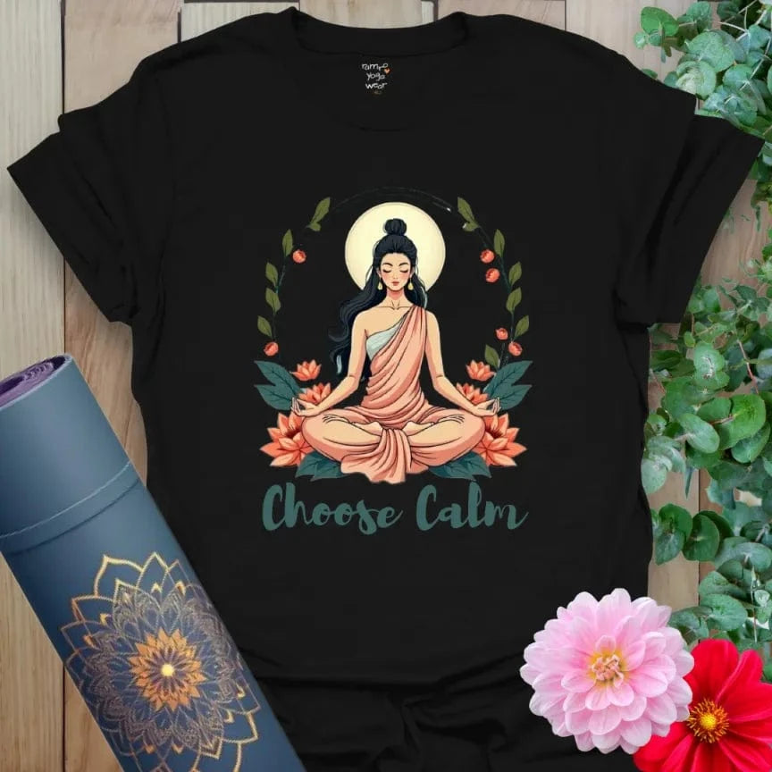 Designed with love by Ramro is our Black Choose Calm T-Shirt with a meditating woman surrounded by lotus flowers and soft greenery.
