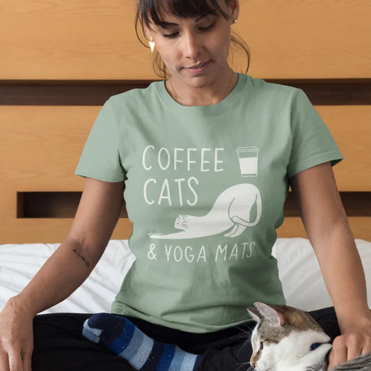 Woman wearing the Coffee Cats T-Shirt in Sage outdoors — The Vault collection by Ramro Yoga Wear