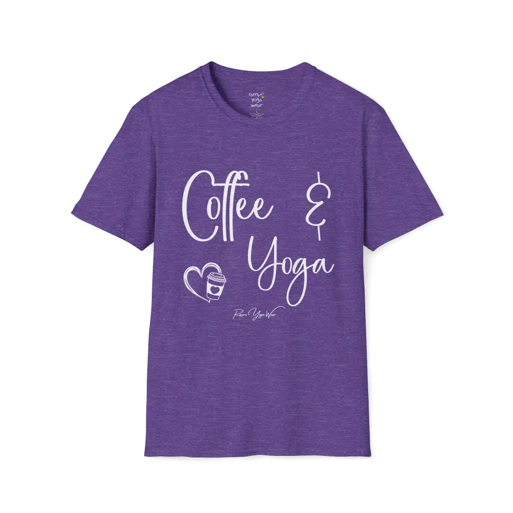 Coffee T-Shirt, "Coffee & Yoga" script design — The Vault collection by Ramro Yoga Wear, Heather Purple.