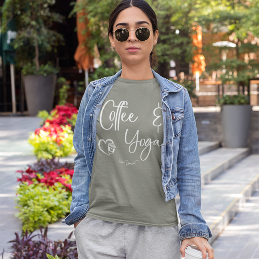 Coffee T-Shirt, "Coffee & Yoga" script design — The Vault collection by Ramro Yoga Wear, Heather Military Green.