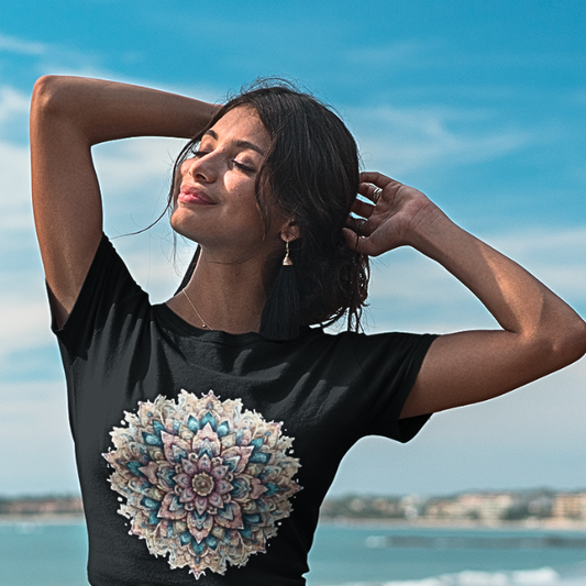 Color My Day T-Shirt, multicolored mandala design — The Vault collection by Ramro Yoga Wear, Black.