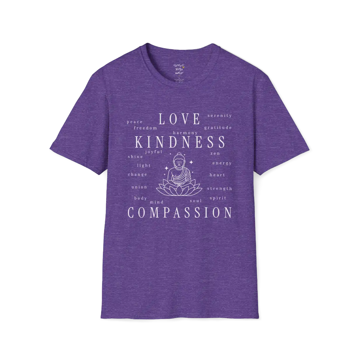 Buddha in lotus design surrounded by “love, kindness, compassion” word cloud — The Vault collection by Ramro Yoga Wear — Heather Purple