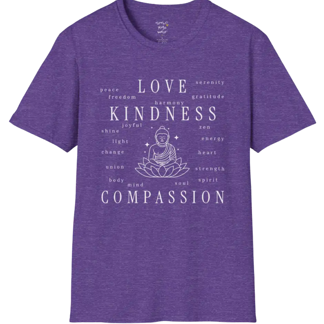 Buddha in lotus design surrounded by “love, kindness, compassion” word cloud — The Vault collection by Ramro Yoga Wear — Heather Purple