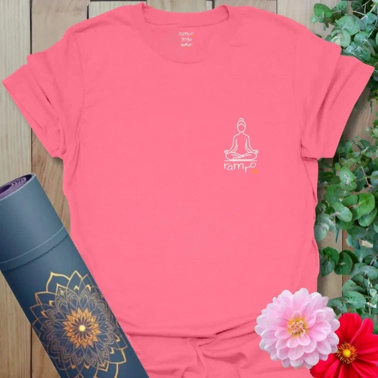 Coral Silk Inner Light T-Shirt featuring serene meditation figure and Ramro logo. Bright and uplifting mindful design.
