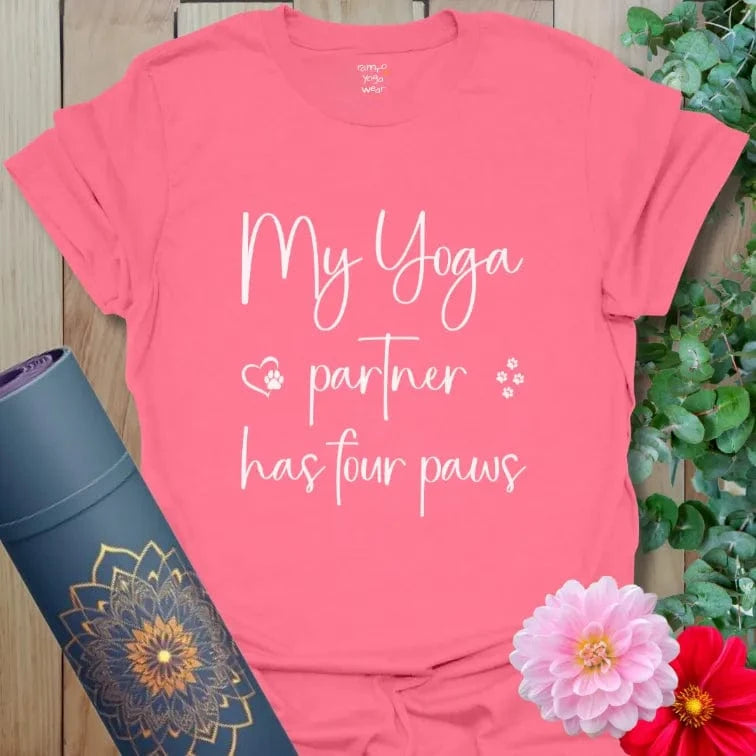 Coral Silk Yoga Partner T-Shirt with heart and paw design. Soft cotton tee celebrating yoga and furry friendship.