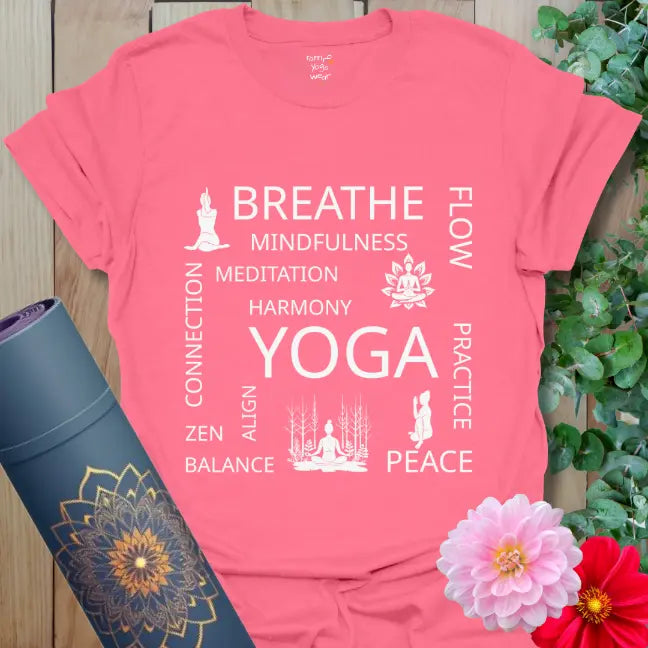 Coral Silk Yogi State T-Shirt featuring yoga word art and serene poses. Perfect for mindfulness and calm living.
