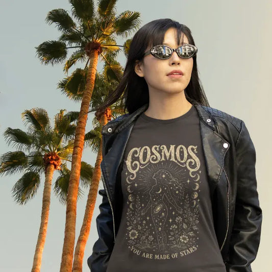 Ramro Yoga Wear Cosmos tee in Dark Chocolate — celestial woman galaxy moon phases vintage design, street palm trees lifestyle shot