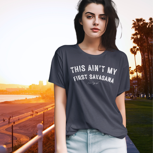 Woman wearing Cowgirl Heather Midnight Navy funny yoga shirt at LA coastal sunset — Funny Yoga Shirts collection by Ramro Yoga Wear