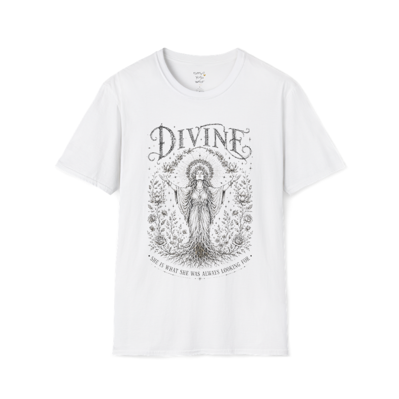 Divine sacred yoga shirt in white — goddess with sacred halo and roses engraving design — Sacred Thread collection by Ramro Yoga Wear