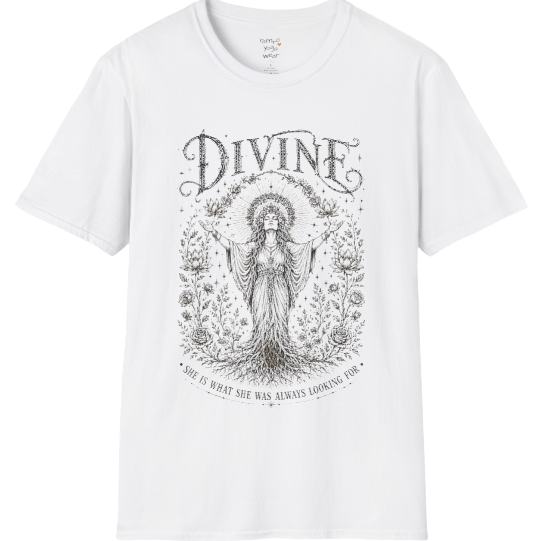 Divine sacred yoga shirt in white — goddess with sacred halo and roses engraving design — Sacred Thread collection by Ramro Yoga Wear
