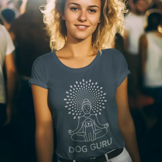 Woman wearing Indigo Blue Dog Guru T-Shirt in editorial lifestyle setting with calming yoga dog design.