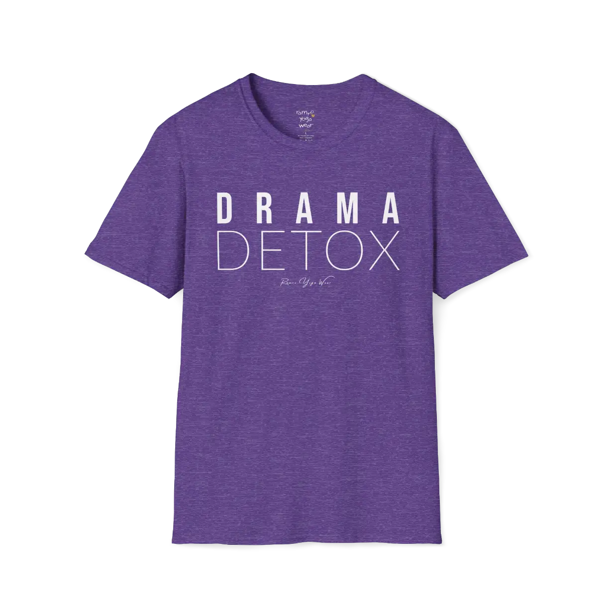 "Drama Detox" stacked sans-serif text design — The Vault collection by Ramro Yoga Wear, Heather Purple.