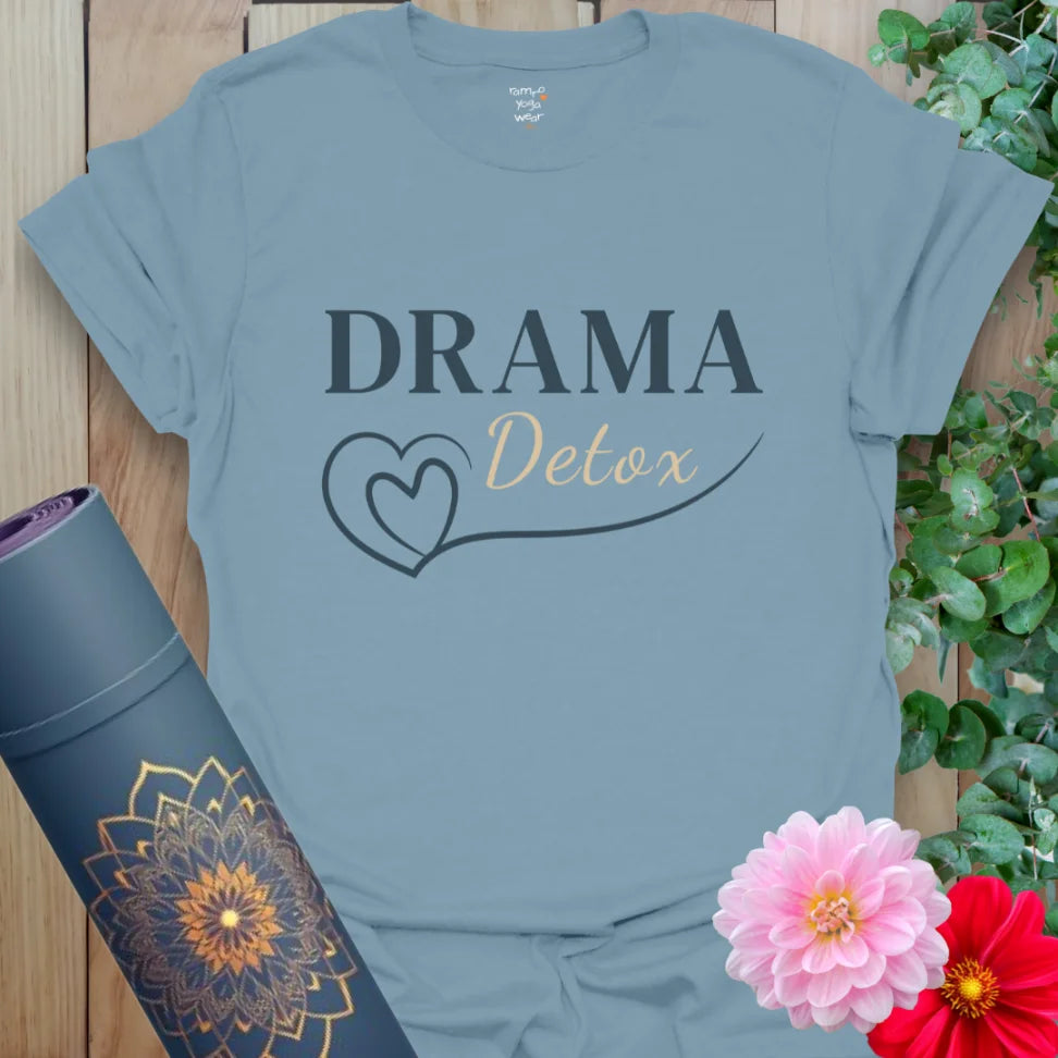 Drama Detox T-Shirt in Stone Blue with quiet clarity and relaxed vibe. Street-style yoga tee with emotional ease.