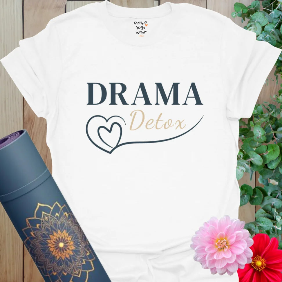 Drama Detox T-Shirt in White with crisp design and tranquil message. Great for slow living, breathwork, and mindful days.