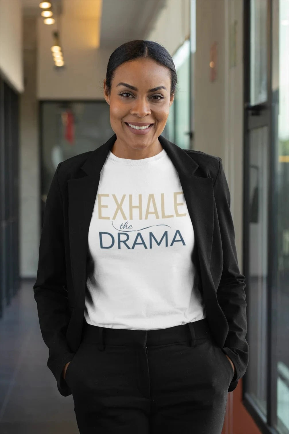 Light Blue Exhale the Drama T-Shirt. Relaxed fit yoga tee with calm mantra.