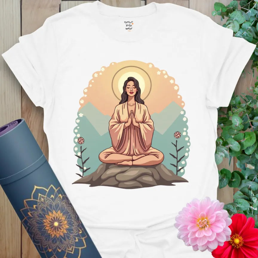 Clean white unisex yoga t-shirt with meditative figure and natural elements symbolizing spiritual centering and mindful living.