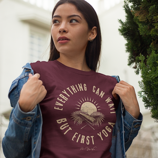 First funny yoga shirt in Heather Cardinal — vintage sun yoga mat circular graphic tee by Ramro Yoga Wear