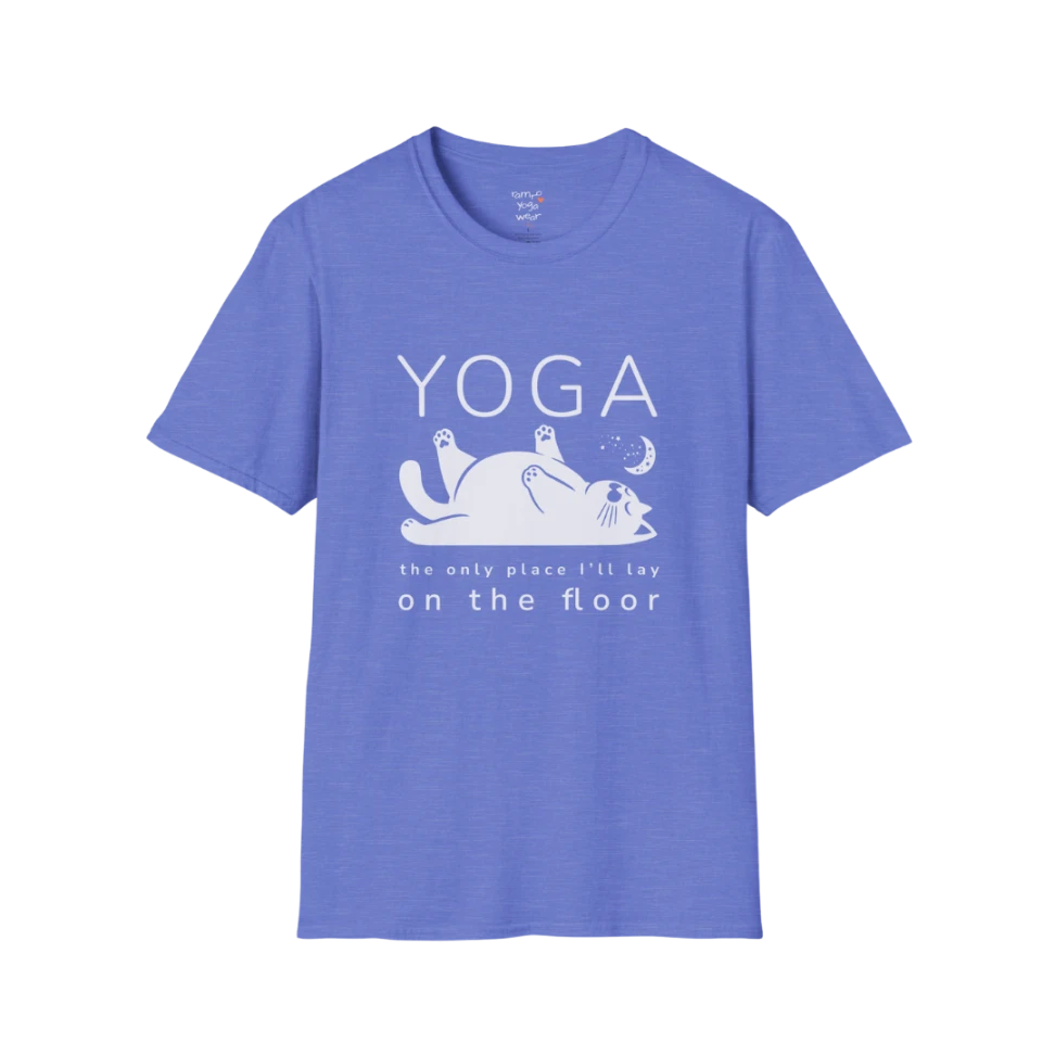 Floor T-Shirt with laid-back cat design and "the only place I'll lay on the floor" quote — The Vault collection by Ramro Yoga Wear — Heather Royal